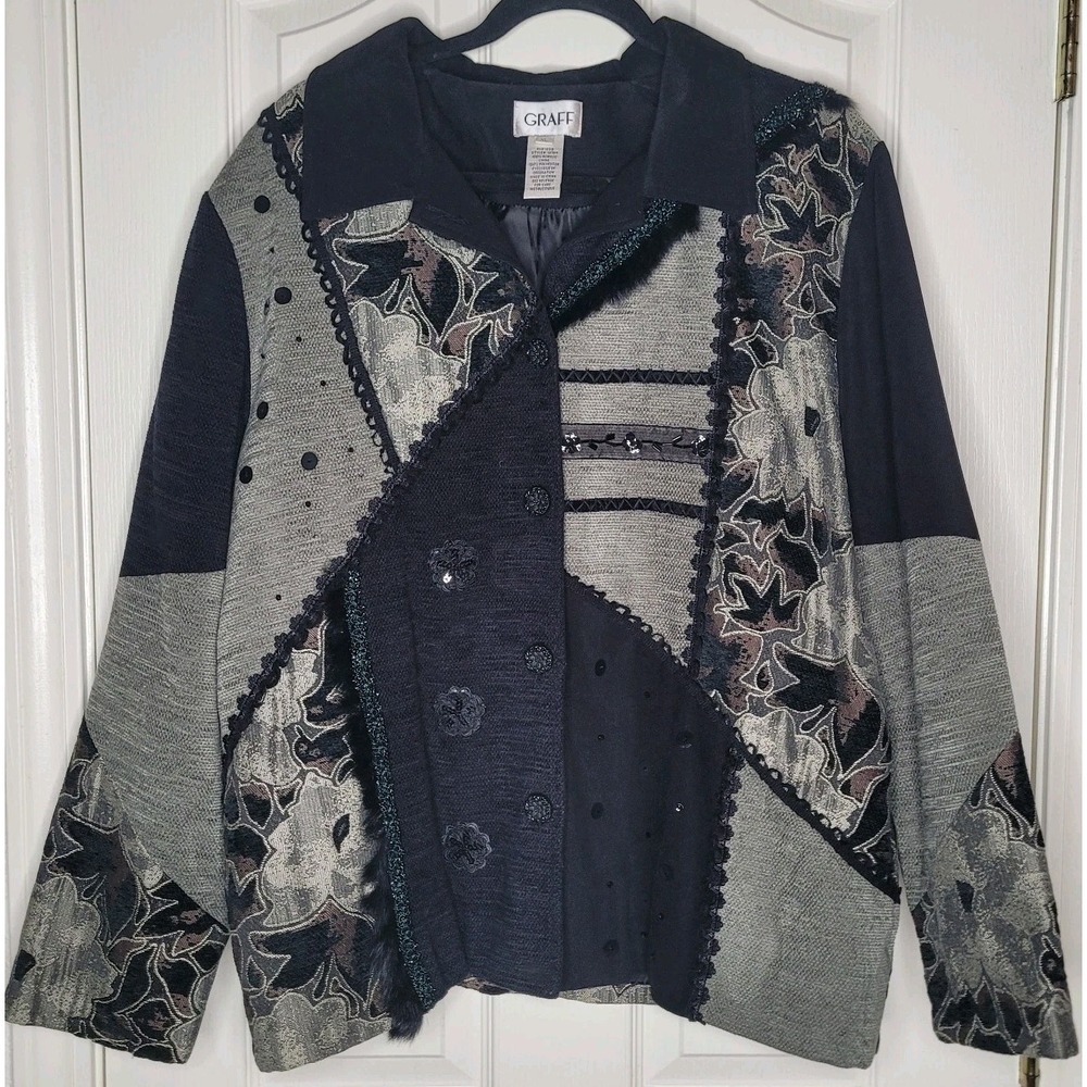 Vntg GRAFF Black Gray Cardigan Sweater Patchwork Embroidered Faux Fur XL Women